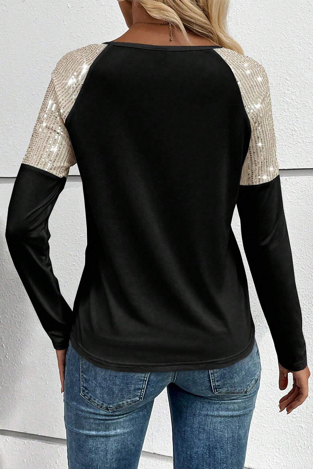 White Sequin Patch Chest Pocket Raglan Sleeve Top