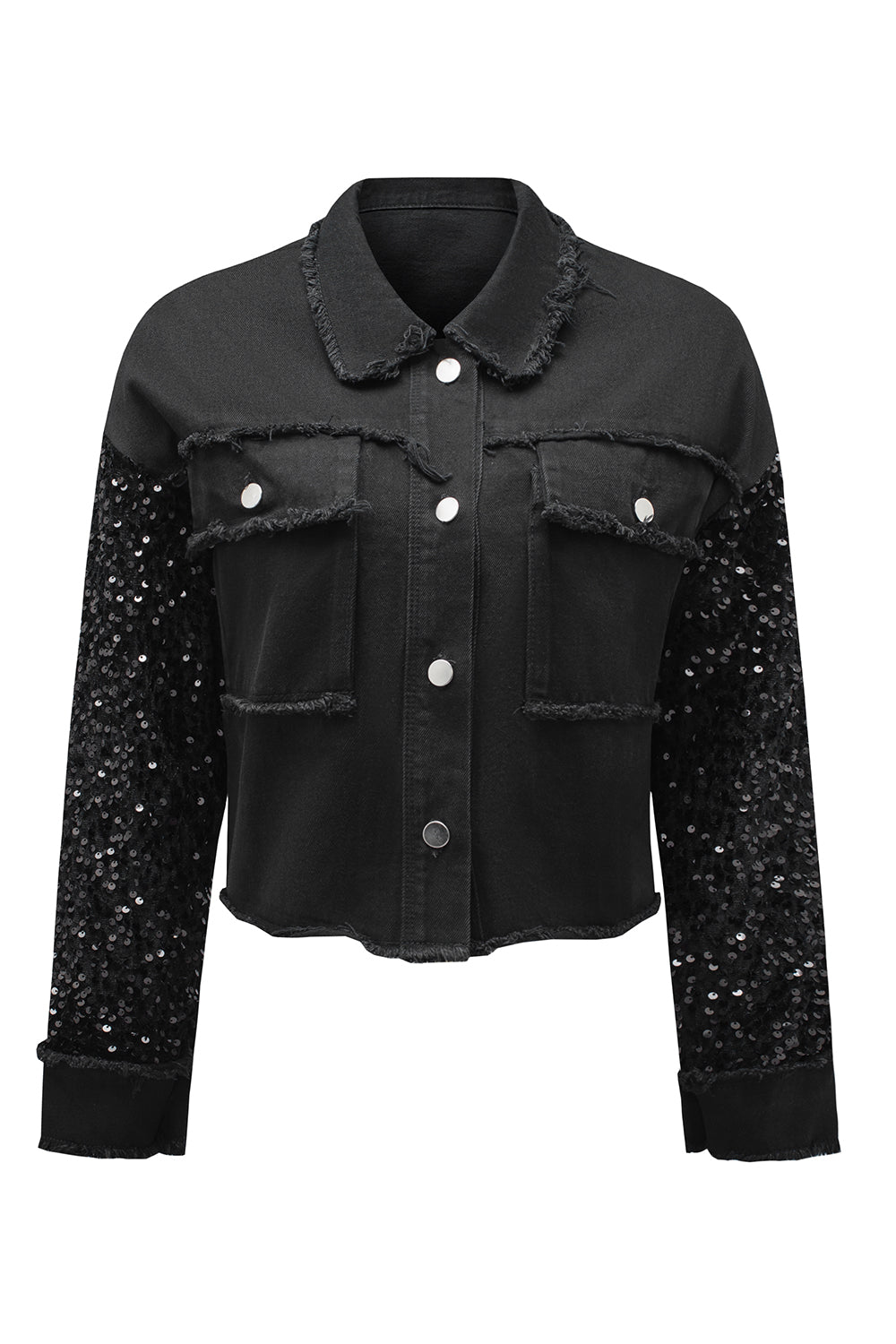 Black Sequin Sleeve Pocketed Raw Hem Denim Jacket