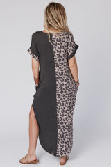 Black Leopard Short Sleeve T-shirt Dress with Slits