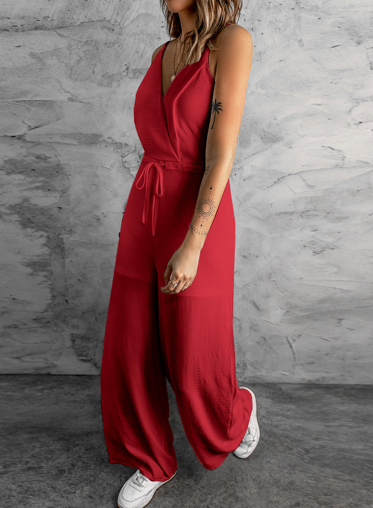 Solid Spaghetti Strap Wide Leg Drawstring High Waist Jumpsuit