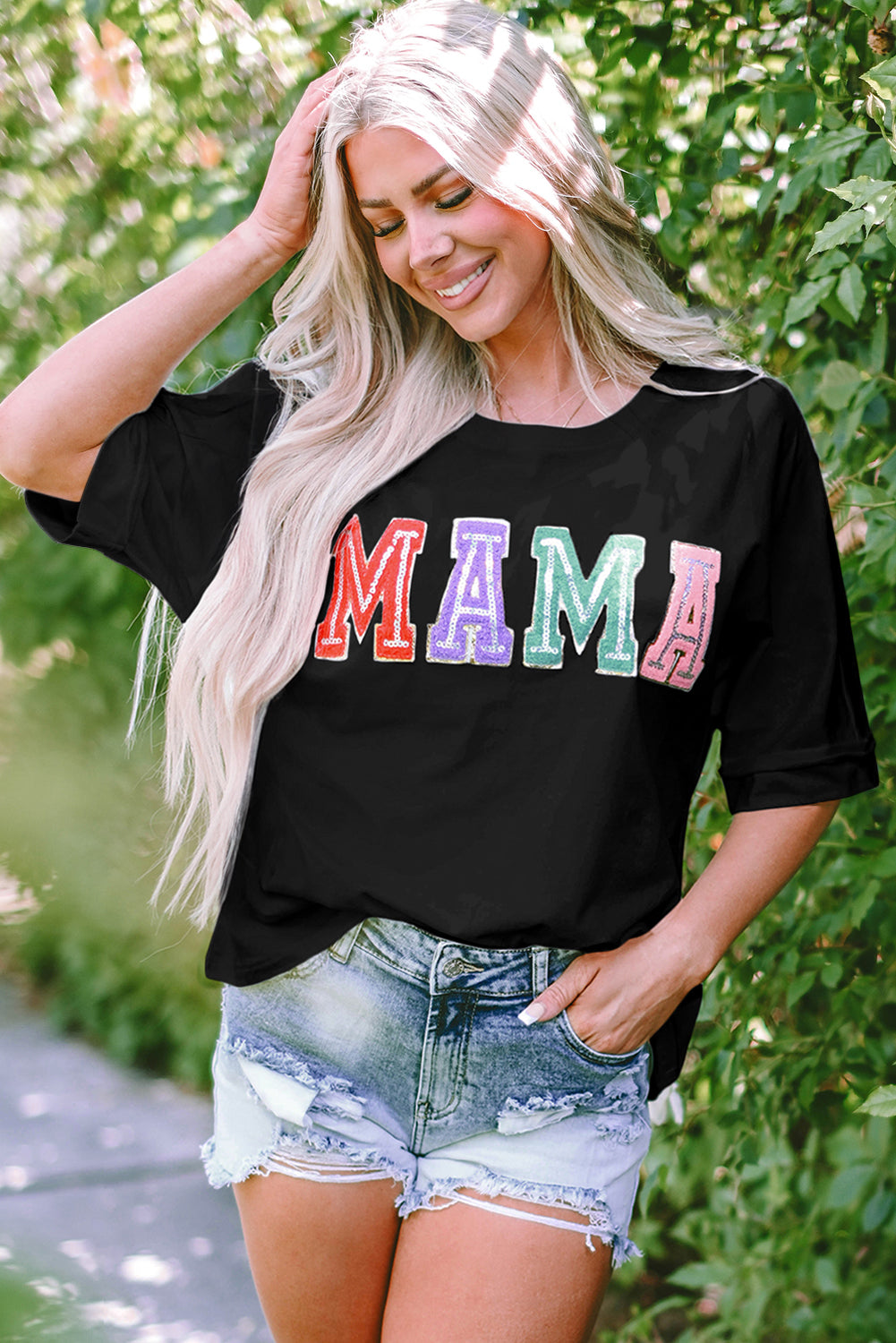 Multicolor MAMA Chenille Patched Crew Neck T Shirt