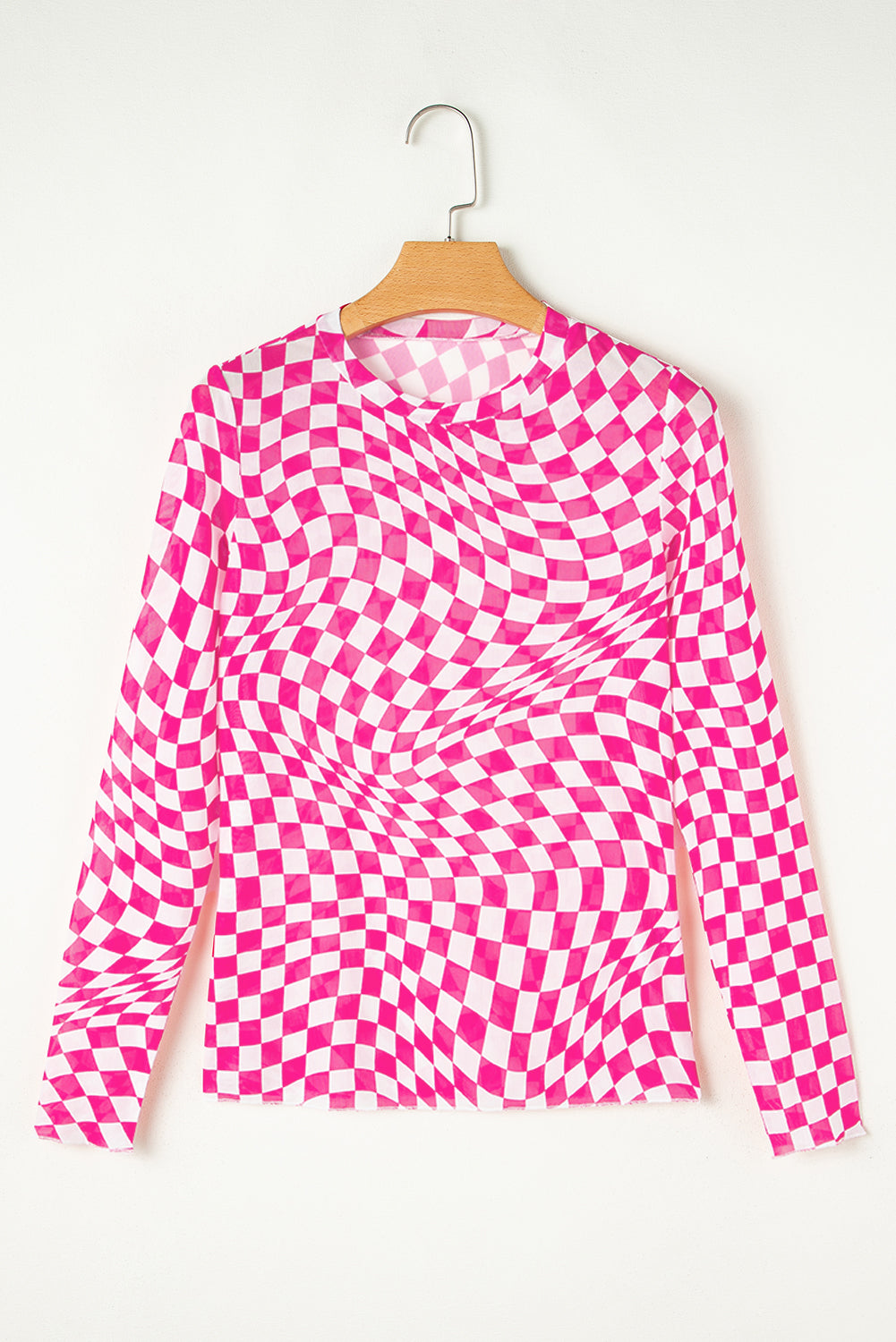 Rose Checkered Pattern Mesh Mock Neck Long Sleeve Top