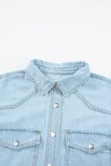 Mist Blue Vintage Light Wash Flap Pockets Rounded Hem Shirt