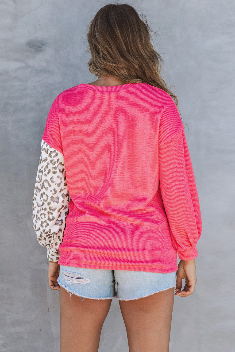 Rose Leopard Patchwork Color Block Ribbed Long Sleeve Top