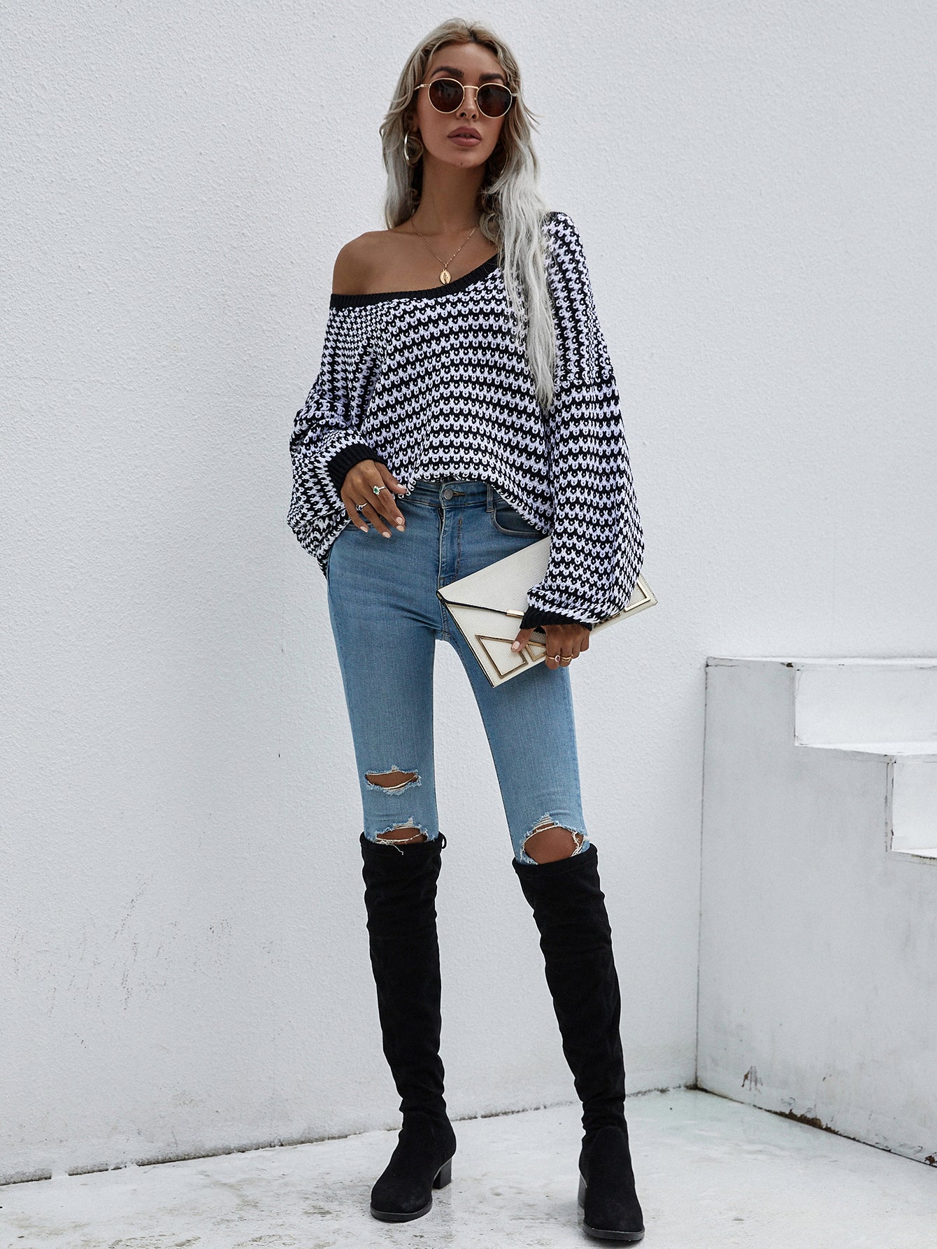 Stripes V-Neck Sleeve Knit Casual Tops Tunic Pullover Sweaters