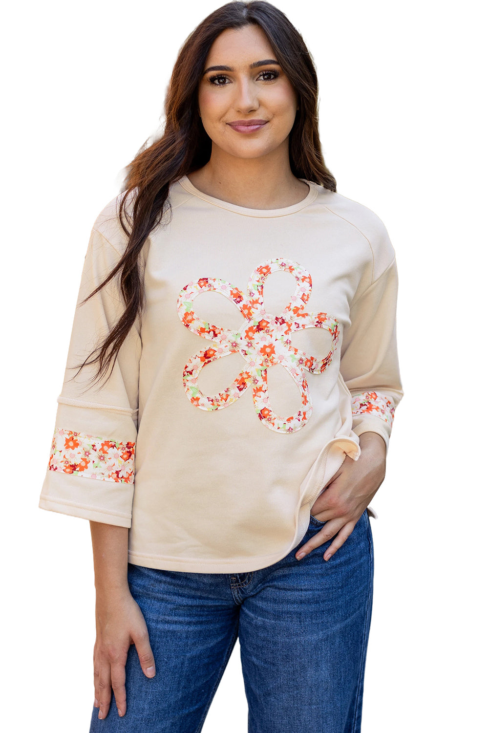 Flower Patch Graphic Exposed Seam Wide Sleeve Top