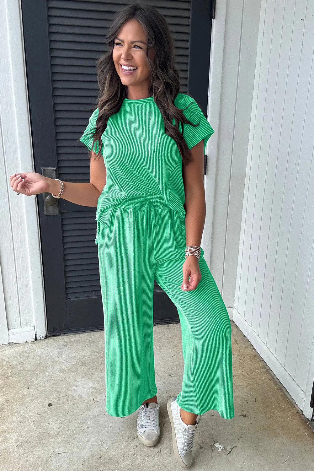 Solid Corded Knit Short Sleeve T Shirt and Wide Leg Pants Set