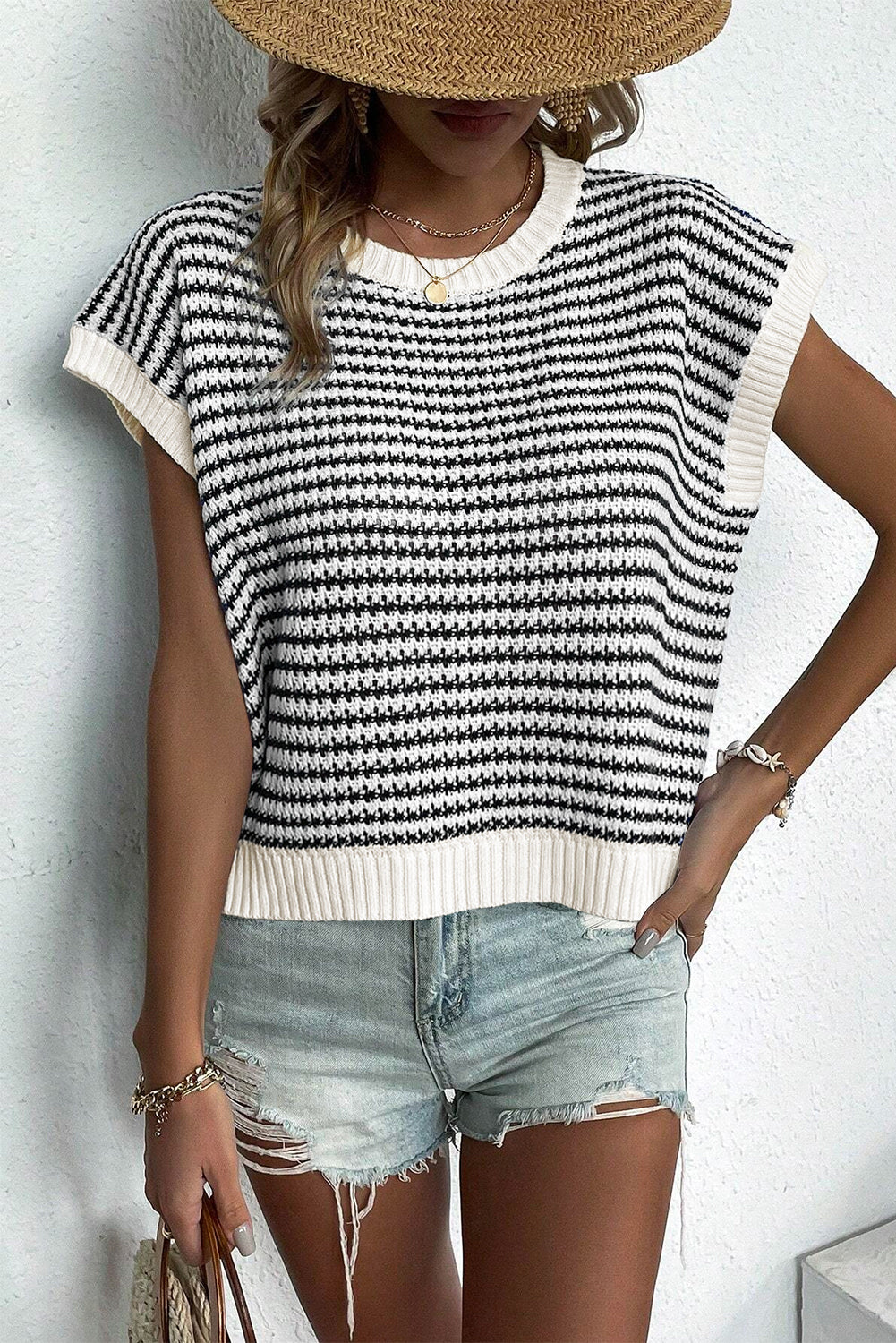 Stripe Ribbed Trim Loose Fit Knitted Sweater Vest