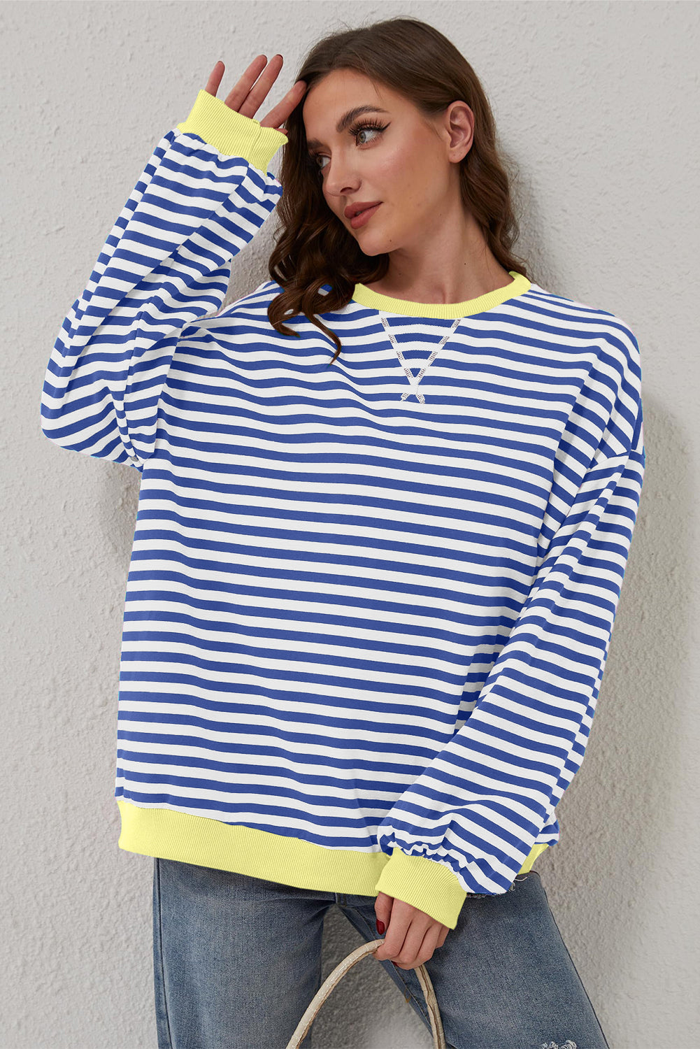 Stripe Oversized Contrast Trim Pullover Sweatshirt