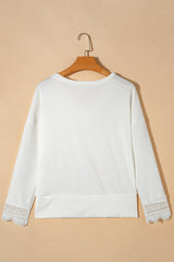 White Ribbed Texture Lace Trim V Neck Long Sleeve Top