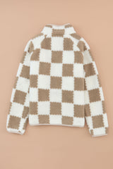 Brown Checked Snap Button Sherpa Jacket