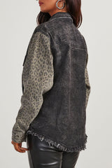 Leopard Patch Pocket Vintage Raw Hem Denim Jacket