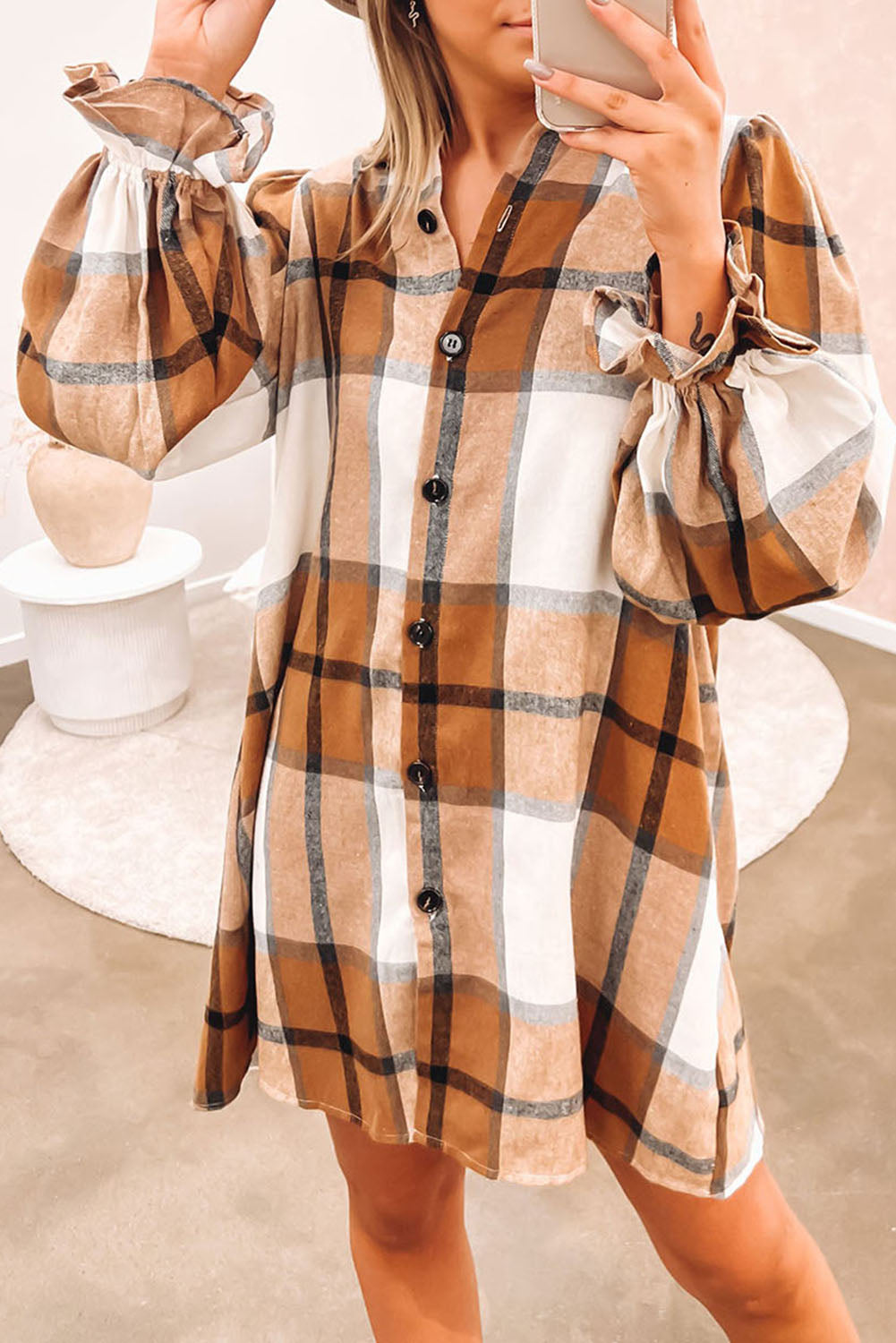 Plaid Pattern Collared Neck Ruffled Sleeve Shirt Dress