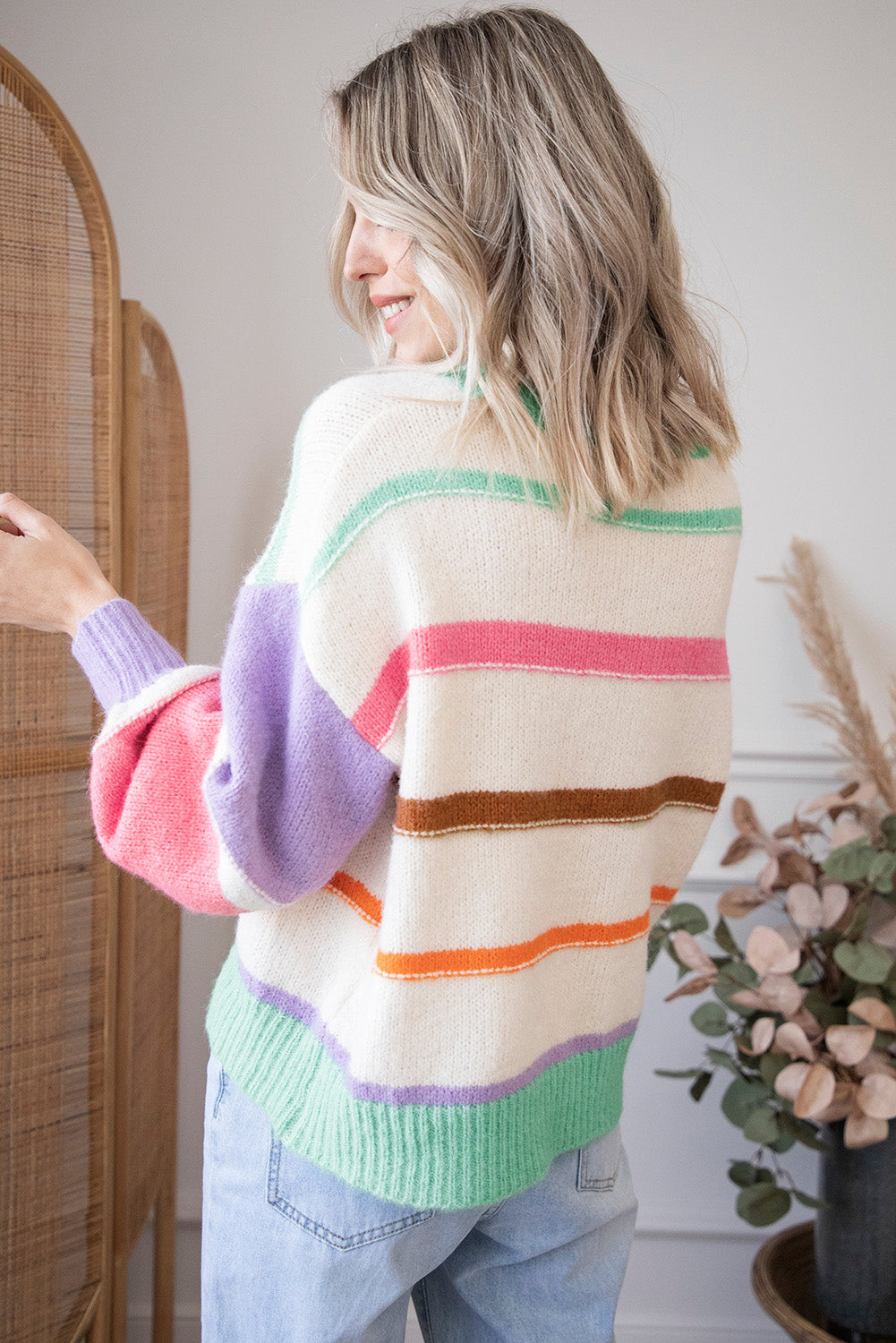 Multicolor Striped Colorblock Drop Shoulder Sweater