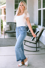 Sky Blue High Waist Buttoned Distressed Flared Jeans