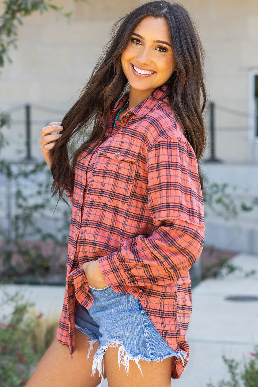 Plaid Long Sleeeve Side Split Distressed Hem Shirt