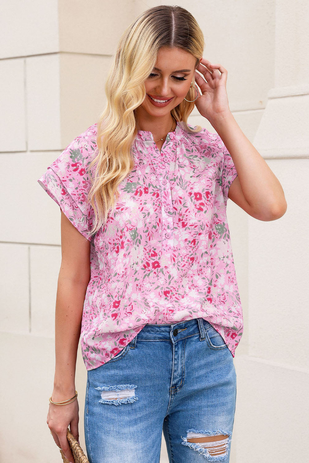 Pink Floral Mandarin Collar Top