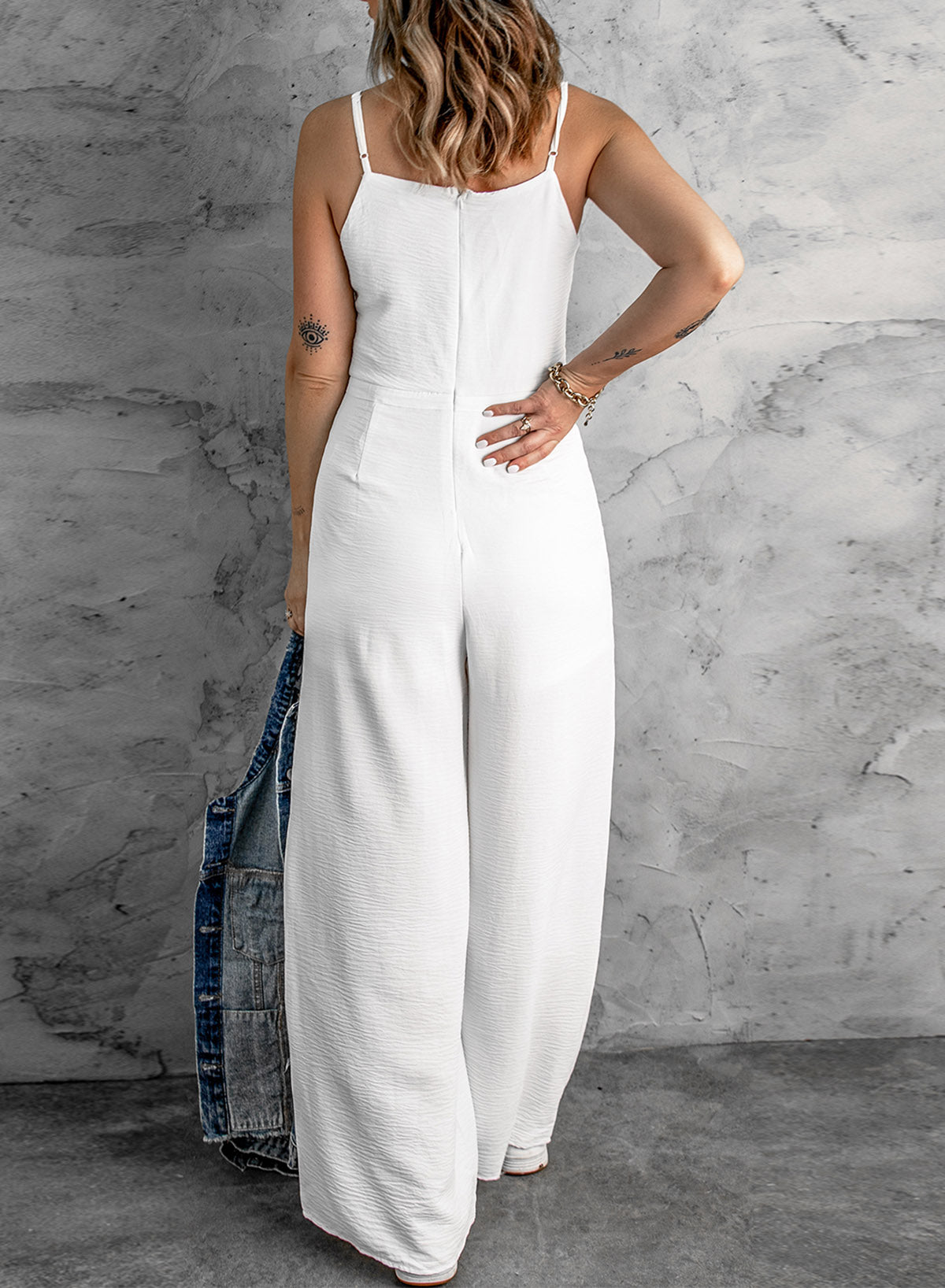 Solid Spaghetti Strap Wide Leg Drawstring High Waist Jumpsuit