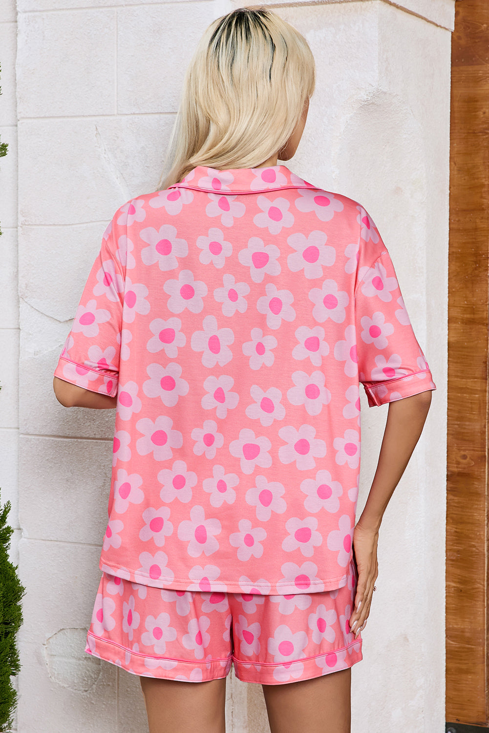 Loose and comfortable Flower Print Short Sleeve Shirt Pajamas Set