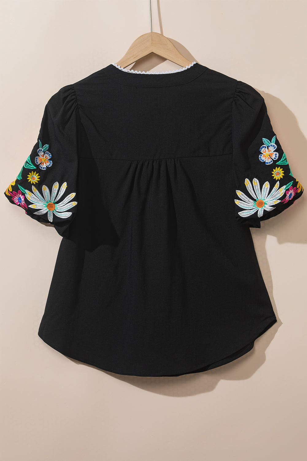 Floral Embroidered Puff Sleeve Split Neck Blouse