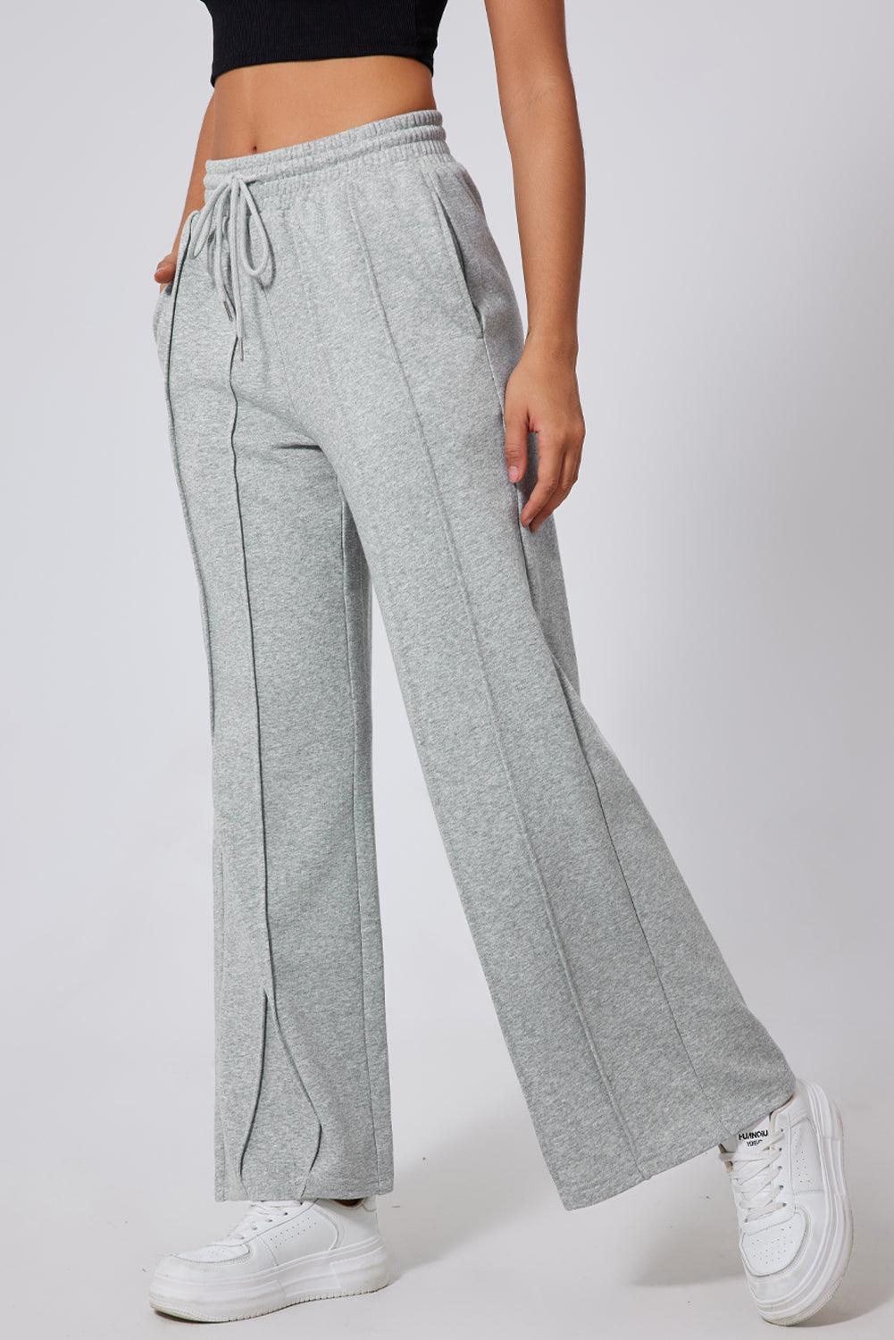 Gray Seamed Drawstring High Waist Wide Leg Sweatpants