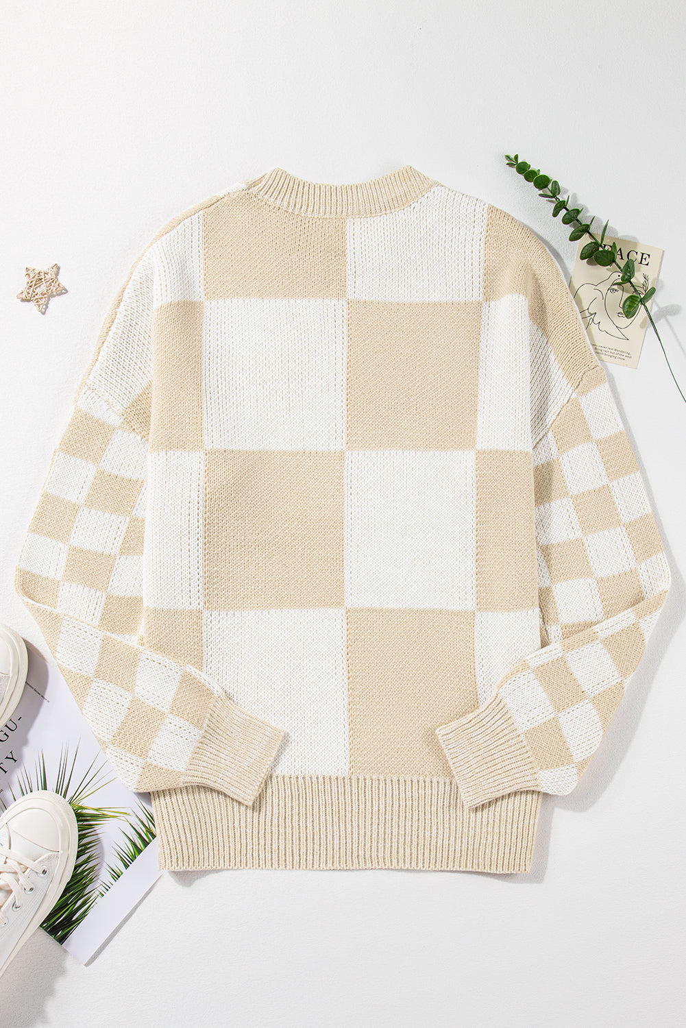 Flaxen Checkered Print Drop Shoulder Sweater