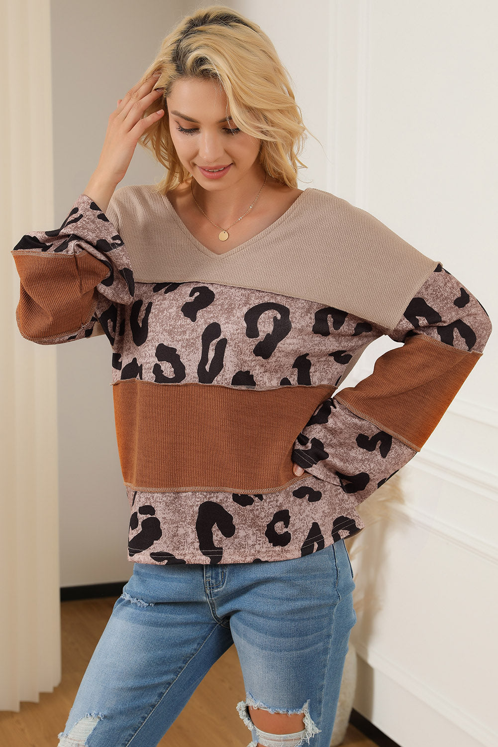 Leopard Colorblock Patchwork V-Neck Loose Sleeve Knit Top