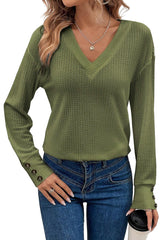 Jungle Green Textured Knit V Neck Button Cuffs Long Sleeve Top