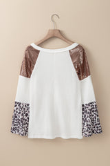 White Sequin Patchwork Bell Sleeve V Neck Tunic Top