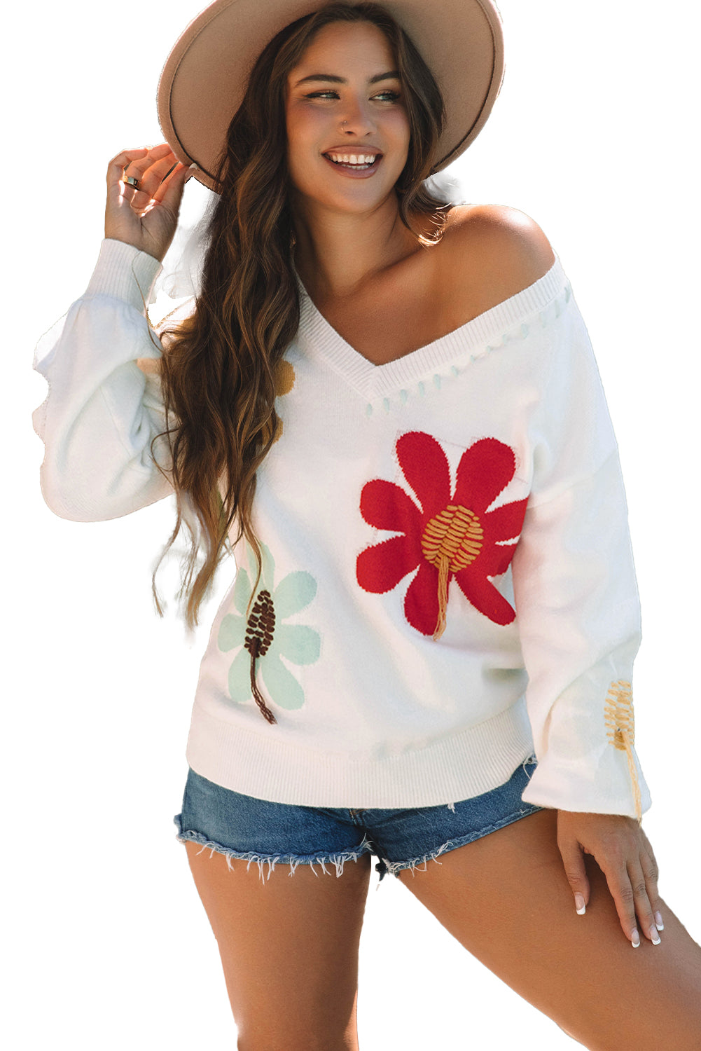 Big Flower Pattern V Neck Drop Shoulder Sweater