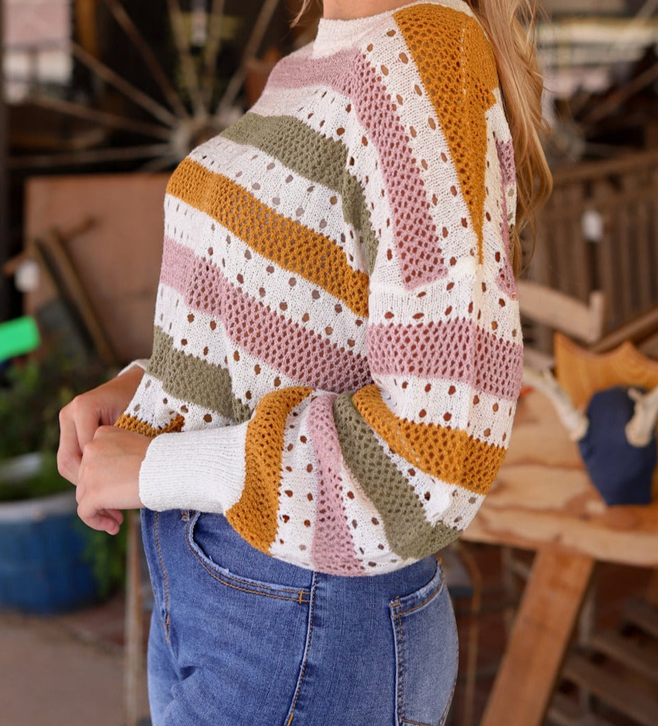 Multicolor Striped Hollowed Knitted Loose Sweater