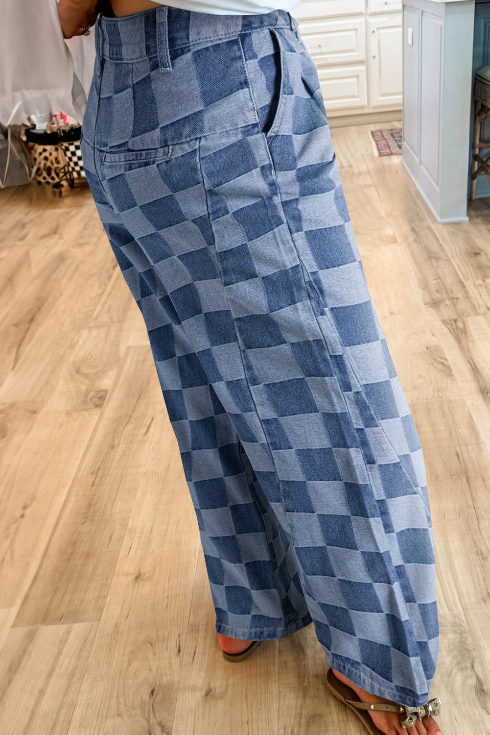 Solid Color Checkered Denim Wide Leg Jeans