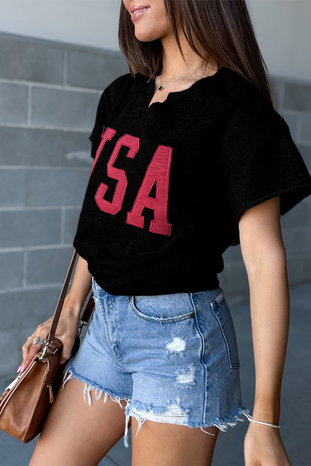 Multicolor Lettering Patch Notched Neck Loose Tee