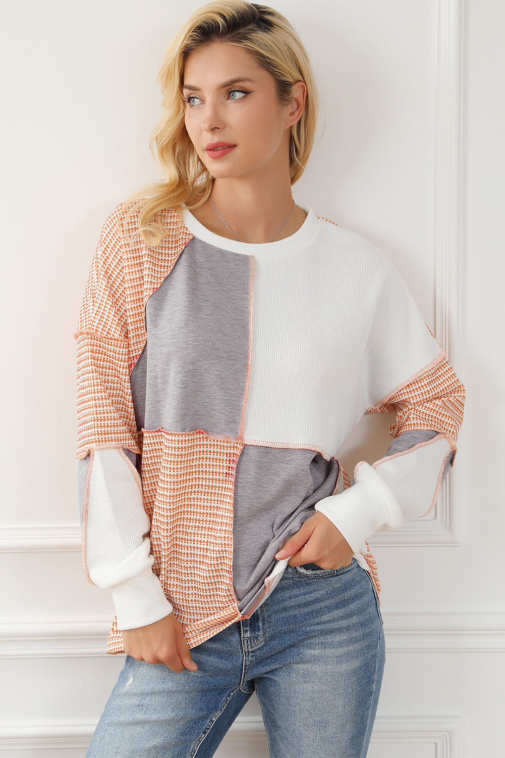 Sandalwood Exposed Seam Colorblock Oversized Knit Top