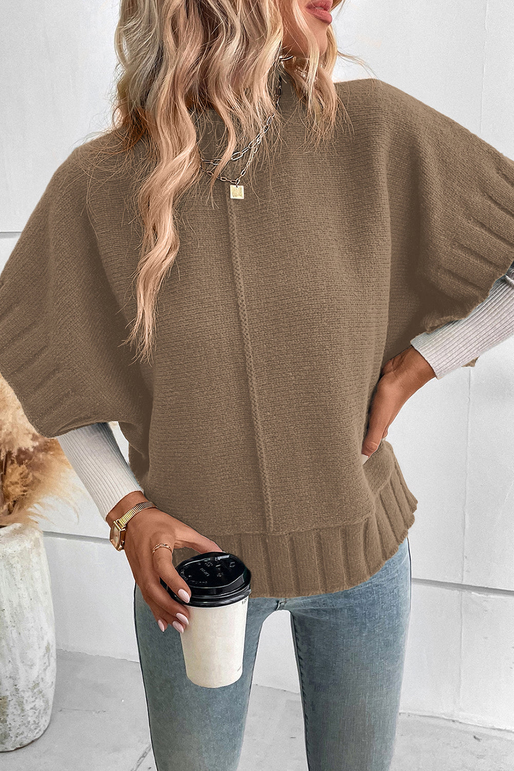 Mock Neck Batwing Short Sleeve Knit Sweater