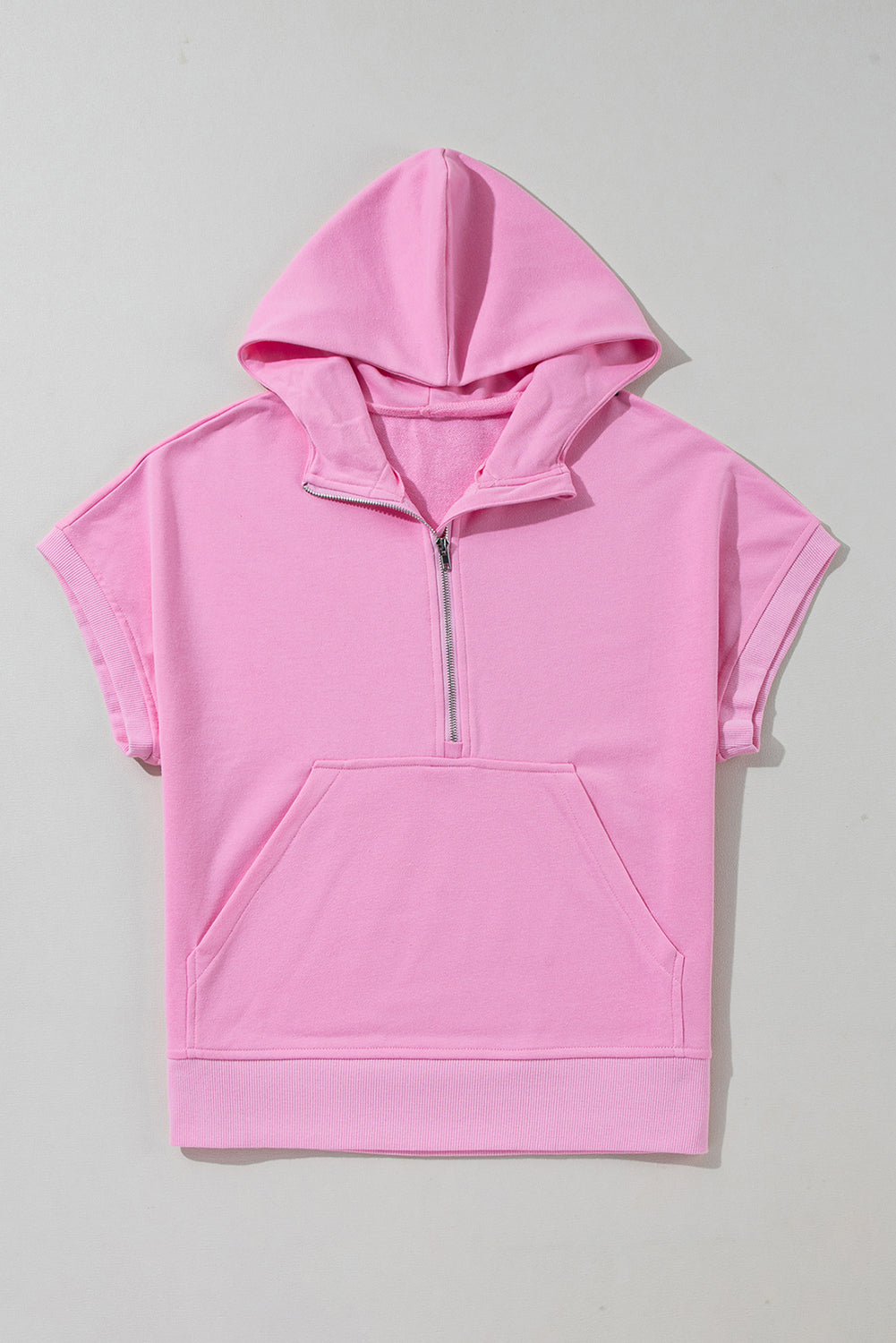 Half Zipper Kangaroo Pocket Short Sleeve Hoodie