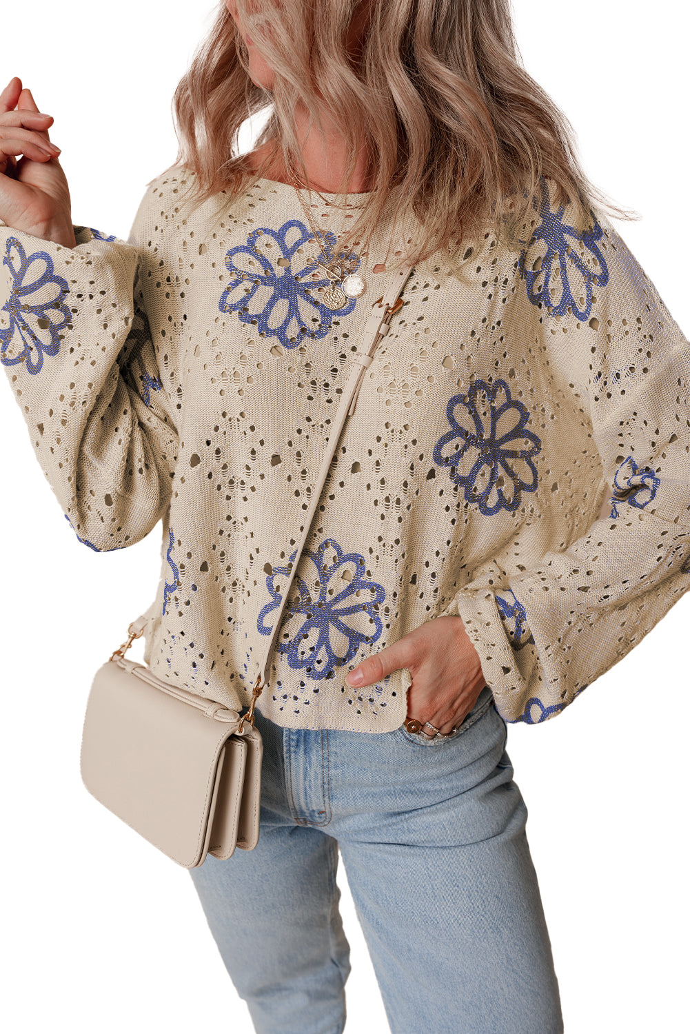 Beige Contrast Flower Print Eyelet Drop Shoulder Sweater