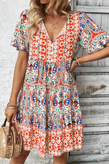 Multicolor Bohemian Print Tie Neck Ruffle Hem Short Dress