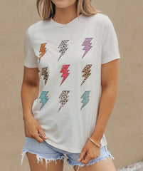 White Printed Lightning Round Neck Short Sleeve Top