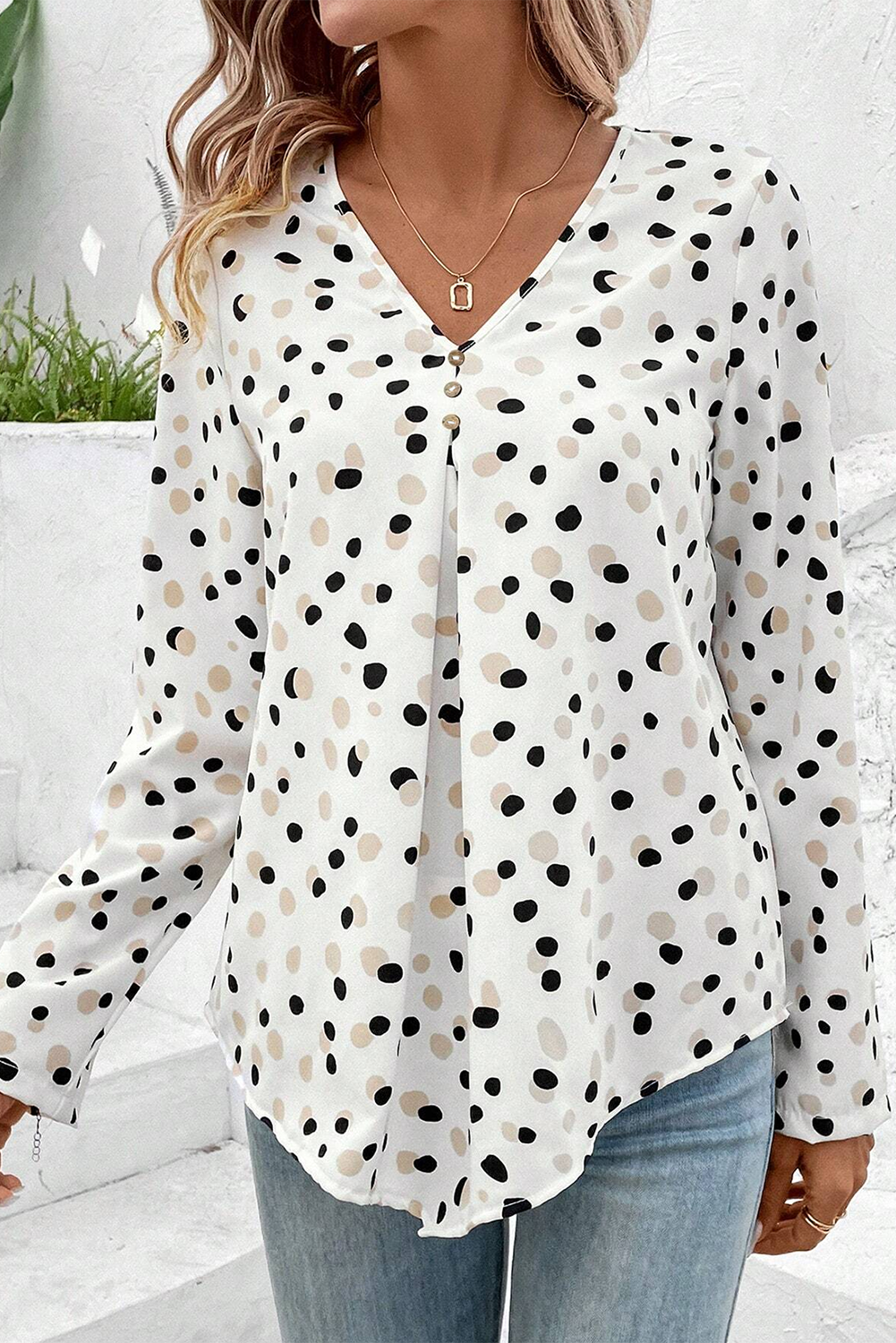 Polka Dot Print Button Front V Neck Blouse