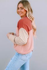 Red Color Block Long Sleeve Ribbed Loose Top