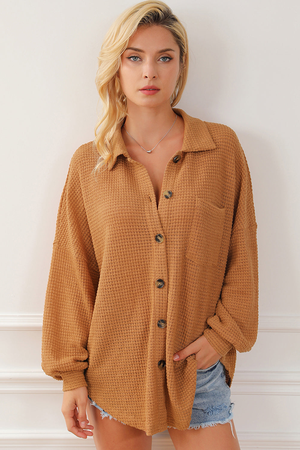 Brown Waffle Knit Button Up Casual Shirt