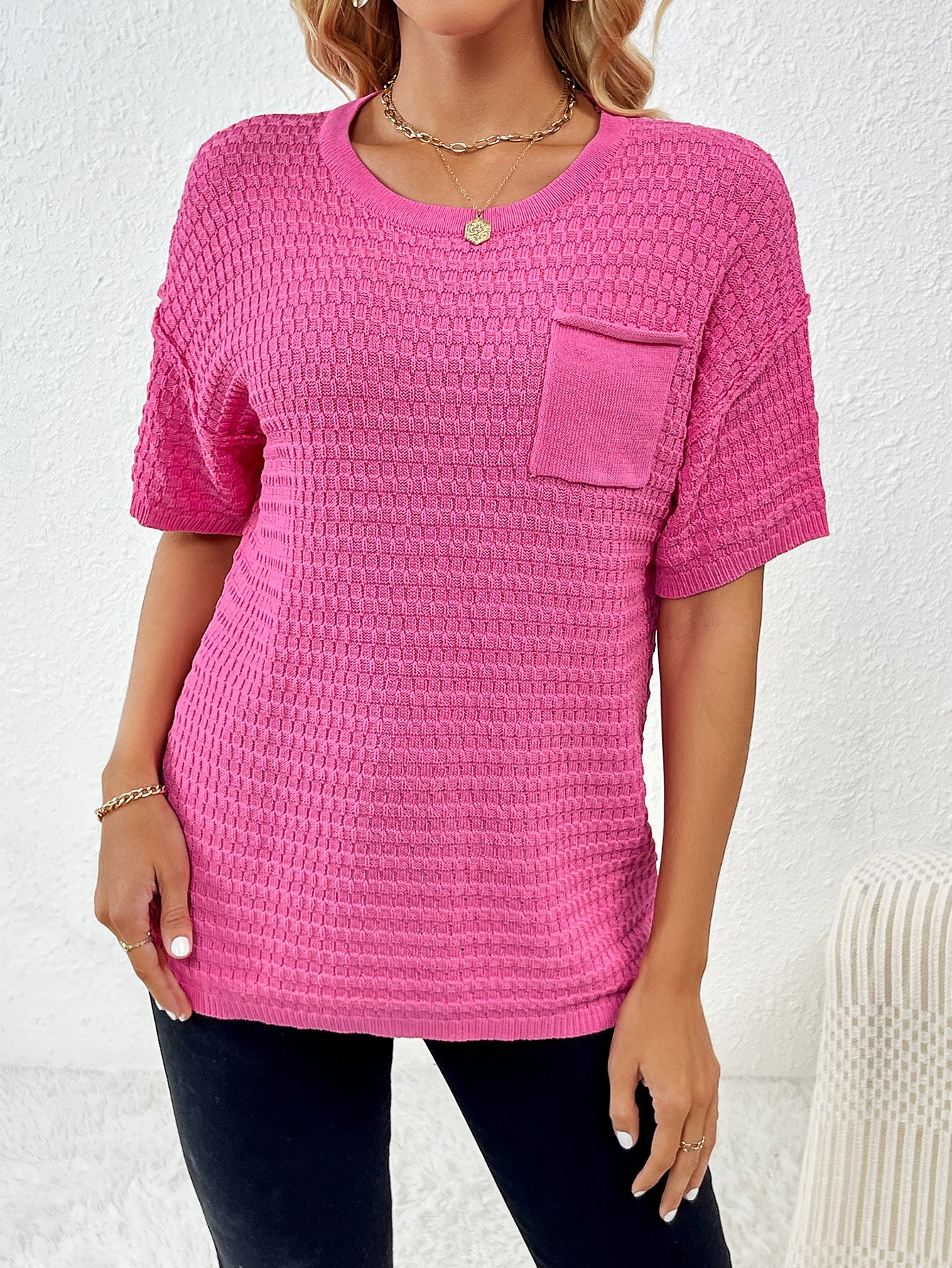 Knit Short Sleeve Round Neck Pocket Tee Tops Pullover