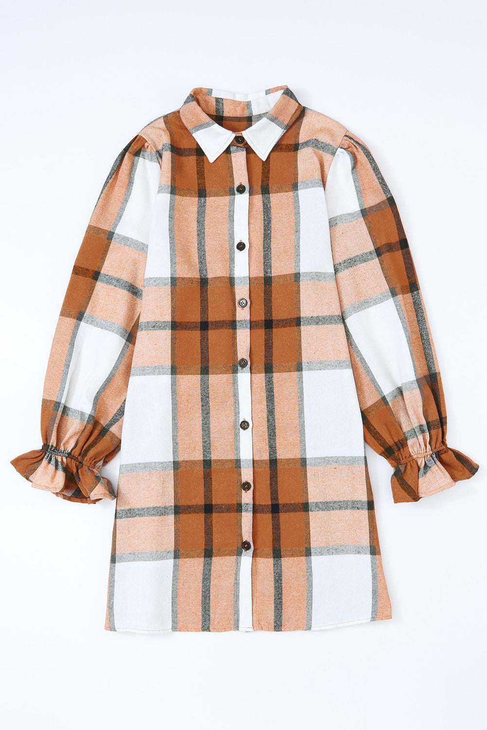 Plaid Pattern Collared Neck Ruffled Sleeve Shirt Dress