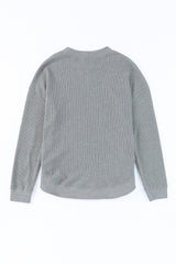 Gray Crew Neck Ribbed Trim Waffle Knit Top