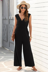 Women's Deep V Pleated Crisscross Wide Leg Backless Jumpsuit