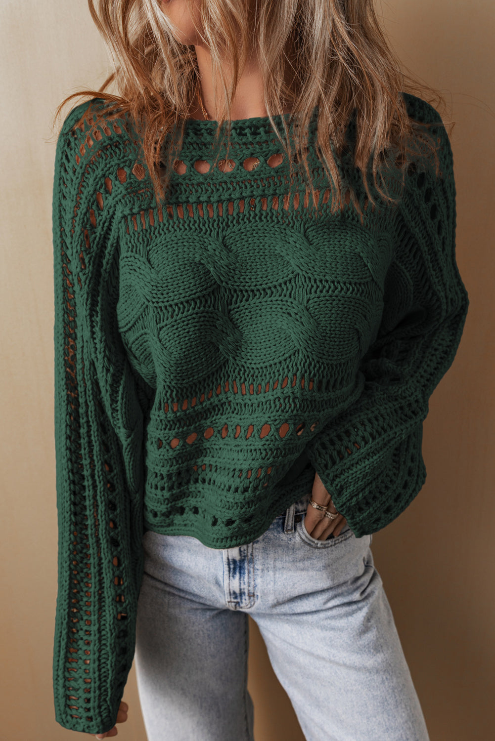 Solid Color Hollow-out Cable Knit Cropped Sweater