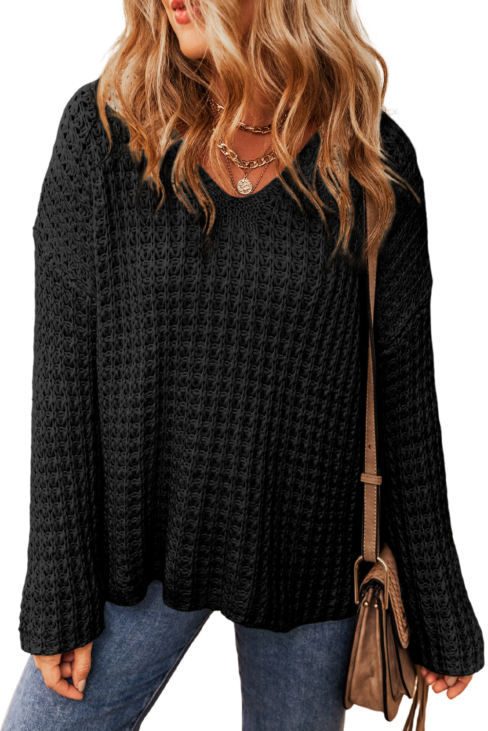 Hollow-out Crochet V Neck Sweater