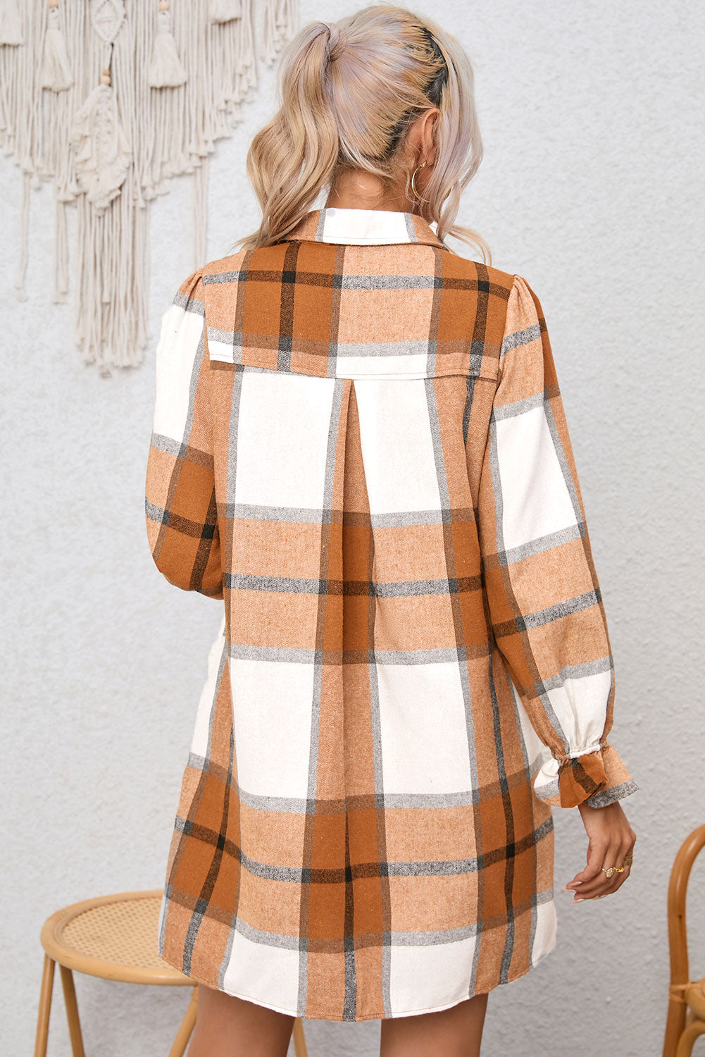 Plaid Pattern Collared Neck Ruffled Sleeve Shirt Dress