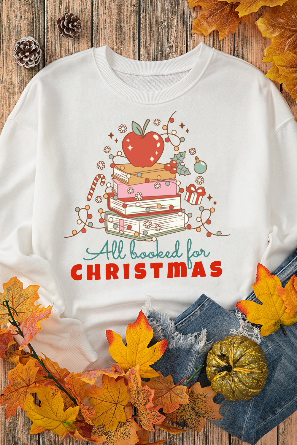 Christmas Crew Neck Apple Book Pattern Pullover Sweatshirt